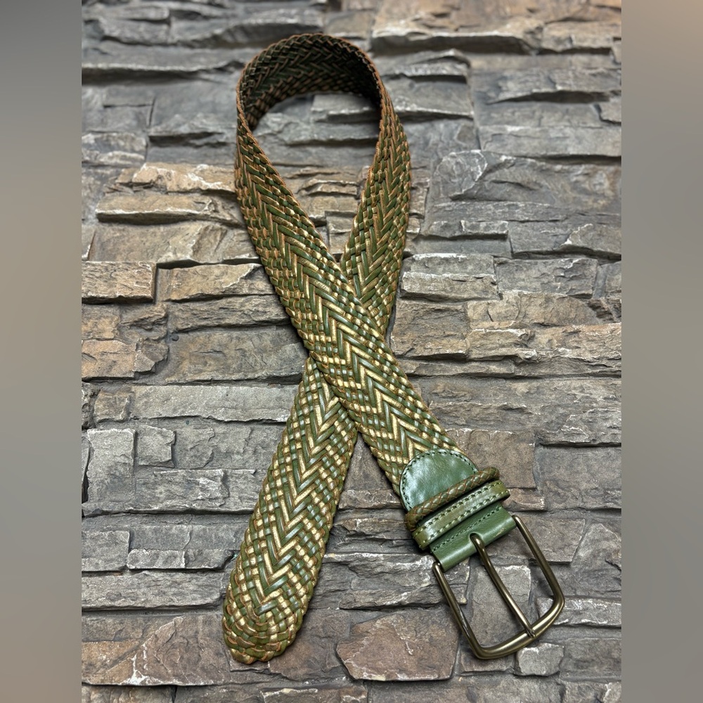 Linea Pelle Women’s Vtg Leather Woven Belt Wide Sz M Green Gold Buckle